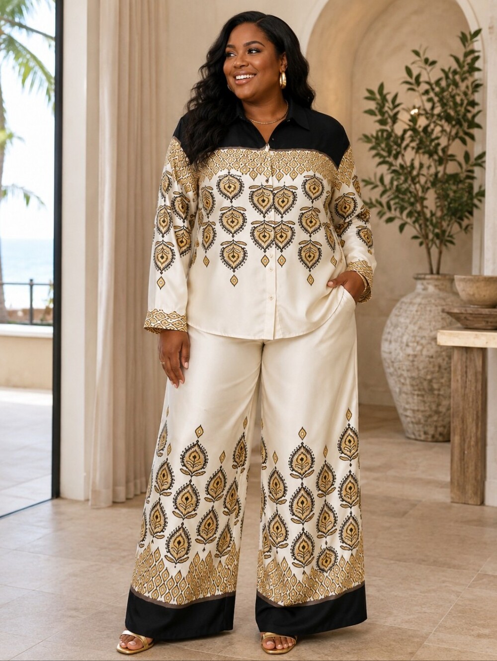 Boutique Abstract Print 2-Piece Set | Wide Leg Pants + Button Top